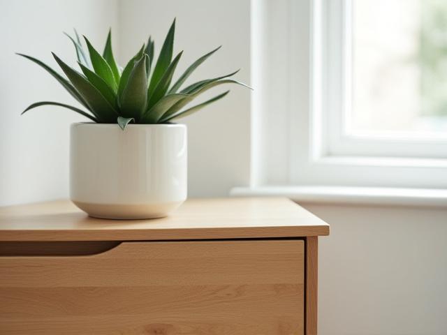 Skreddersydd møbeldesign, skisse av et moderne trebord med grønne planter i bakgrunnen